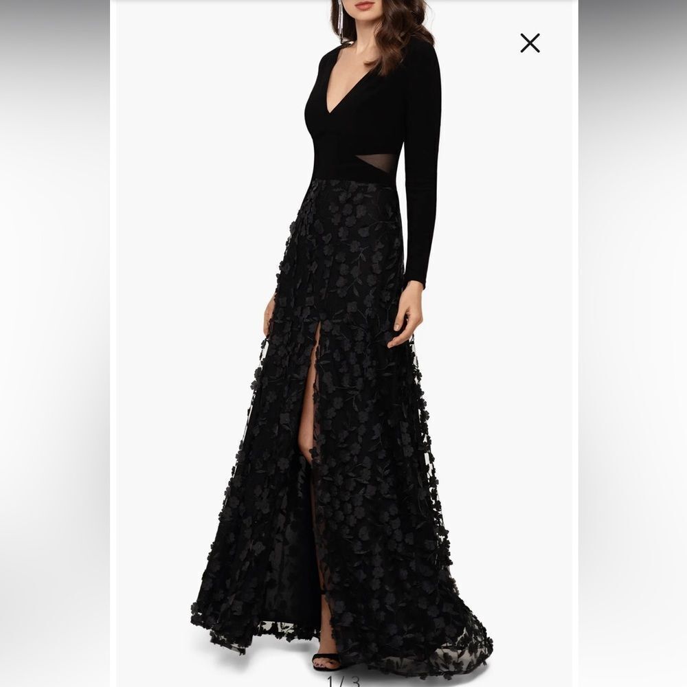 Xscape 3D Bloom Long Sleeve Illusion Cut Outs Floral Gown in Black, 14, NWT
